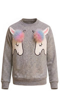 Pull Fille Gris Chiné – Motif Double Licorne Applique 3D Pompons Fourrure Multicolore – Col Rond – 4 à 12 ans – Neuf