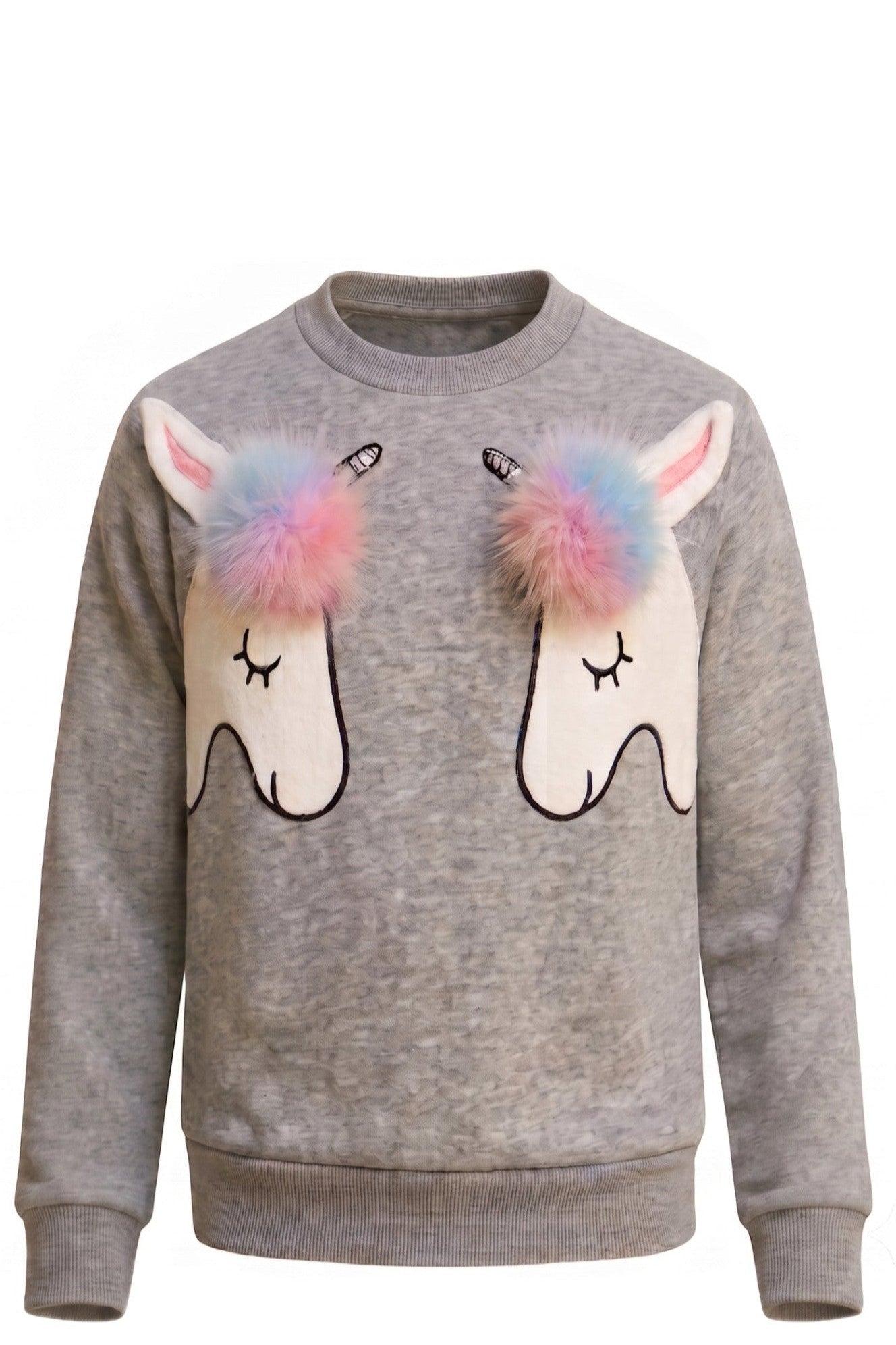 Pull Fille Gris Chiné – Motif Double Licorne Applique 3D Pompons Fourrure Multicolore – Col Rond – 4 à 12 ans – Neuf