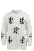Pull Fille Blanc Duveteux – Motif Flocons de Neige Gris Brodés – Tissu Fluffy – Col Rond – 4 à 14 ans – Neuf
