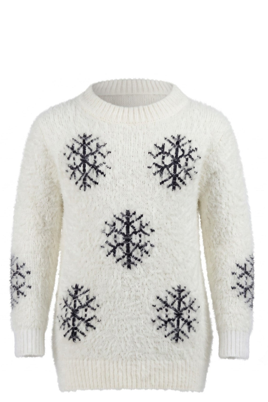 Pull Fille Blanc Duveteux – Motif Flocons de Neige Gris Brodés – Tissu Fluffy – Col Rond – 4 à 14 ans – Neuf