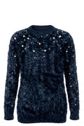 Pull Fille Noir Duveteux – Perles Blanches & Strass Argentés – Tissu Fluffy – Col Rond – 4 à 14 ans – Neuf