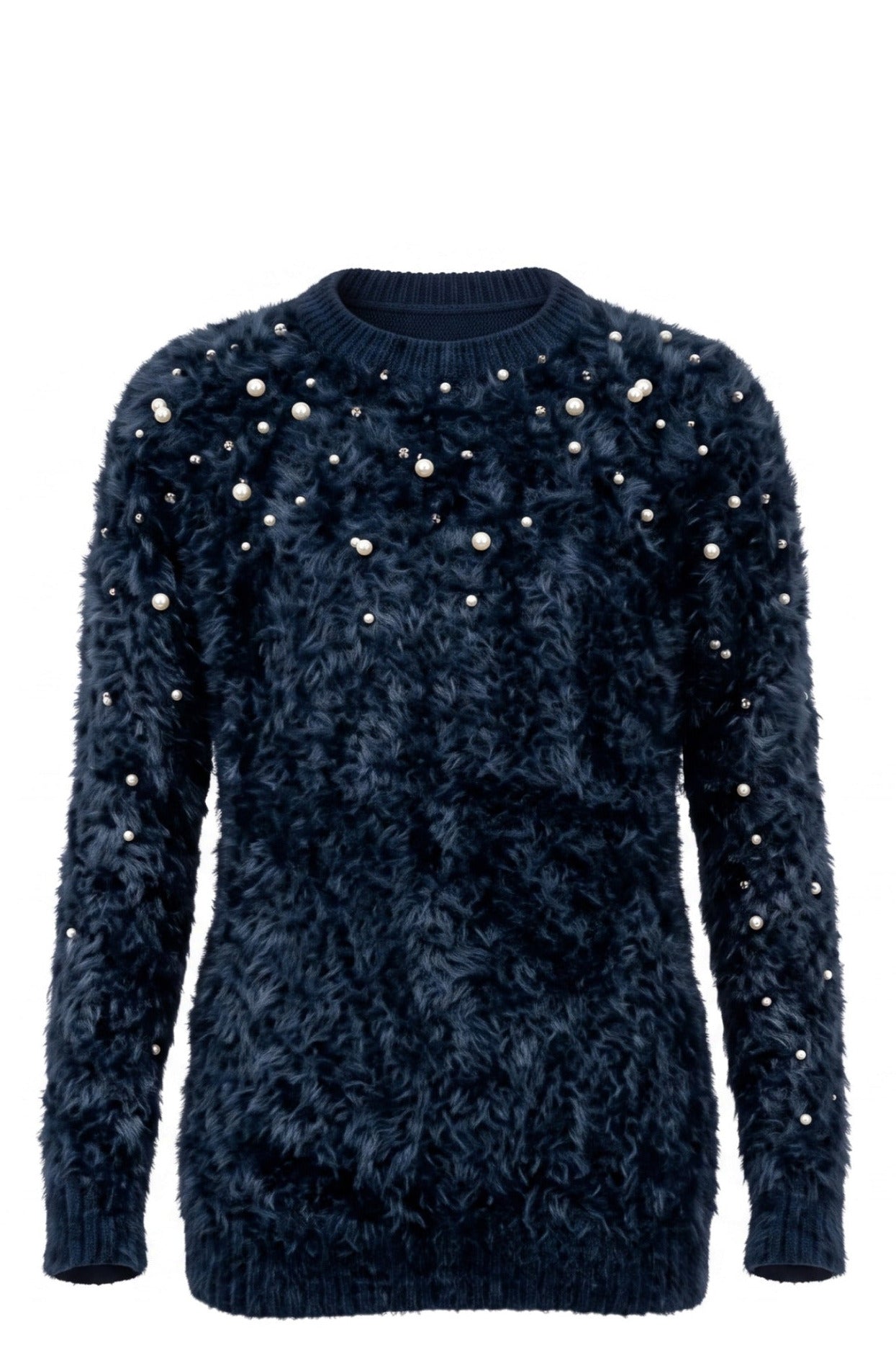 Pull Fille Noir Duveteux – Perles Blanches & Strass Argentés – Tissu Fluffy – Col Rond – 4 à 14 ans – Neuf