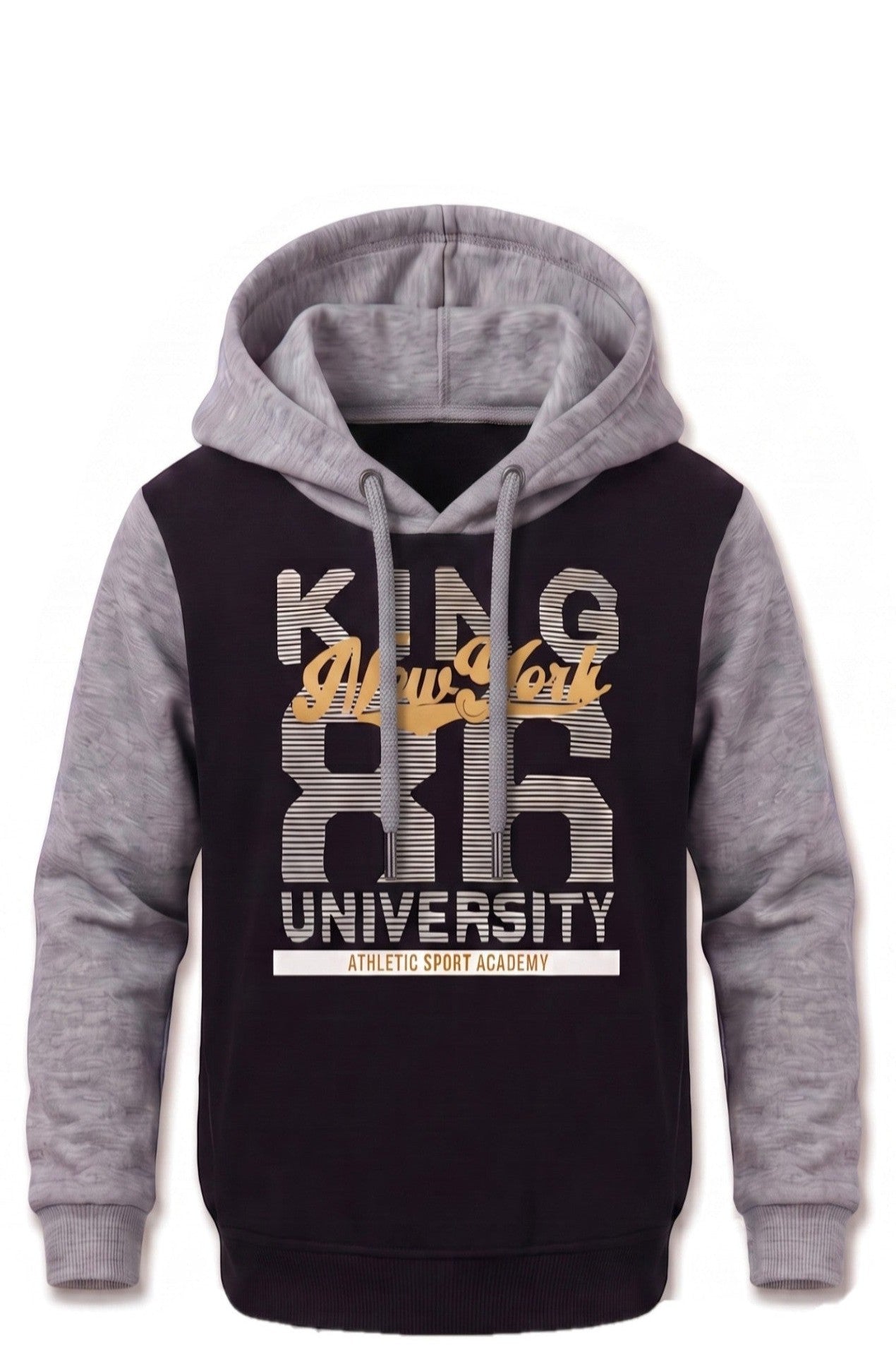 Sweat à Capuche Garçon Bicolore Noir & Gris – Imprimé King 86 New York University – 4 à 14 ans – Neuf