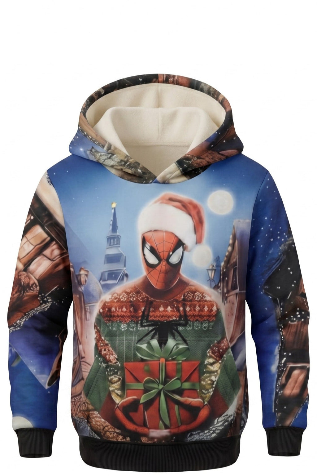 Sweat à Capuche Garçon – Imprimé 3D Spiderman Noël Recto-Verso – Village Enneigé au Dos – 4 à 14 ans – Neuf