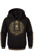 Sweat à Capuche Garçon Noir – Médaillon Baroque Tête de Mort Couronne Dorée – Bandes Dorées sur les Manches – 4 à 14 ans – Neuf