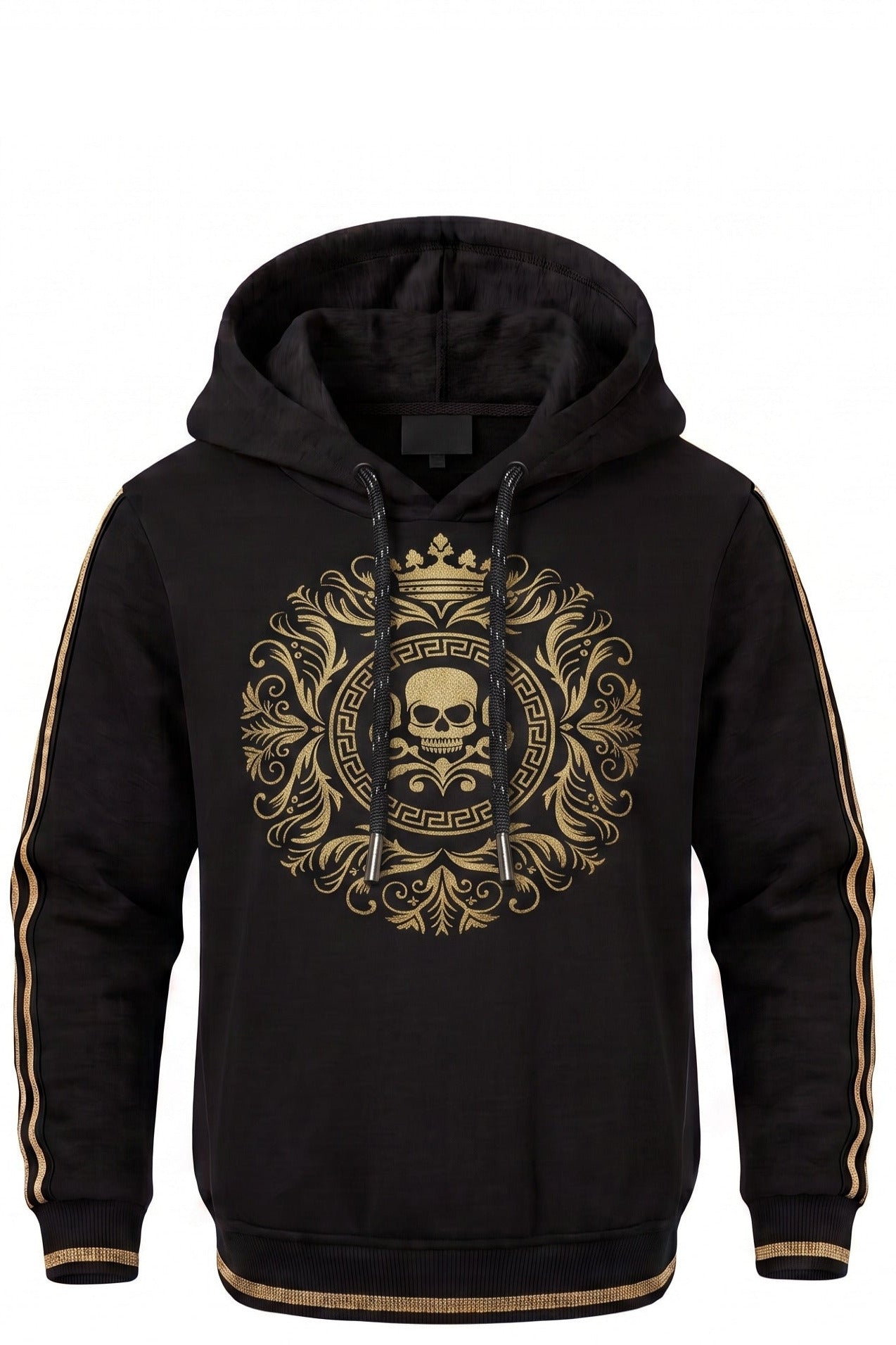 Sweat à Capuche Garçon Noir – Médaillon Baroque Tête de Mort Couronne Dorée – Bandes Dorées sur les Manches – 4 à 14 ans – Neuf