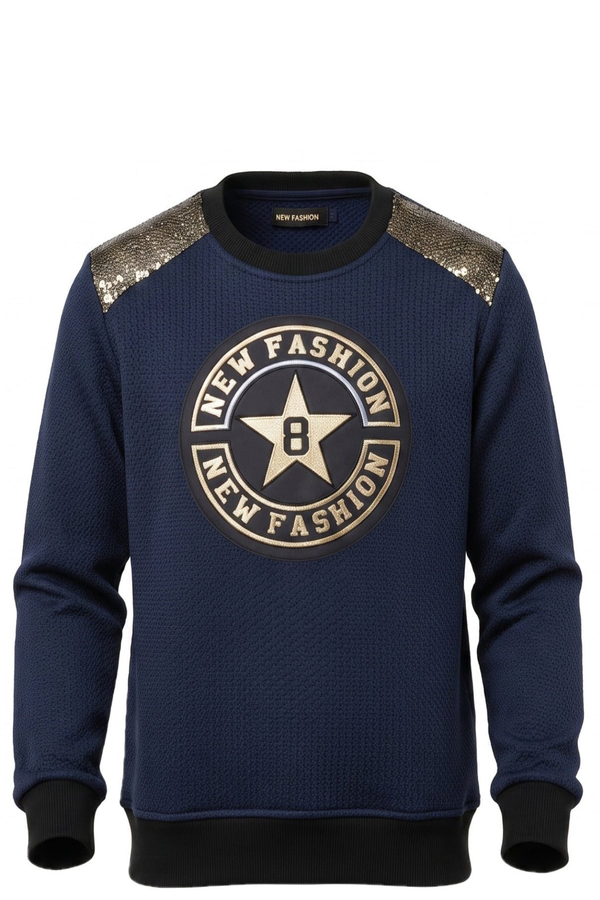 Pull Garçon Bleu Marine – Épaulettes Sequins Dorés & Badge New Fashion 8 – Col Rond – 4 à 14 ans – Neuf