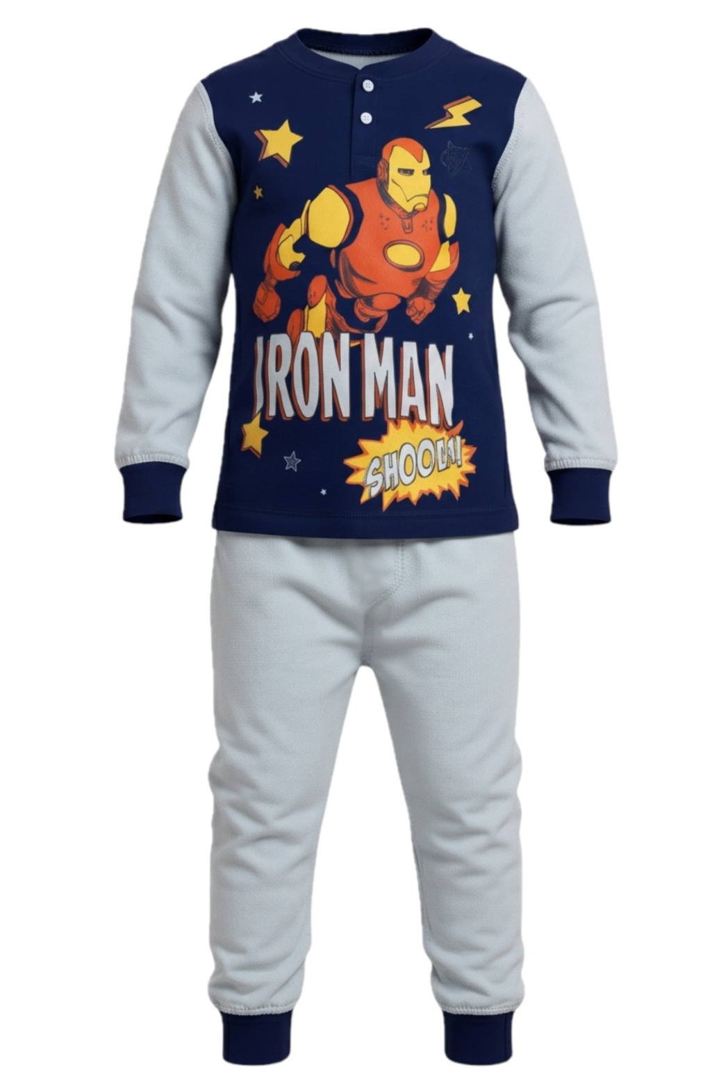 Pyjama Polaire 2 Pièces Garçon – Haut Bicolore Bleu Marine & Gris Imprimé Iron Man Style BD + Pantalon Gris – Marvel – 8 à 10 ans – Neuf