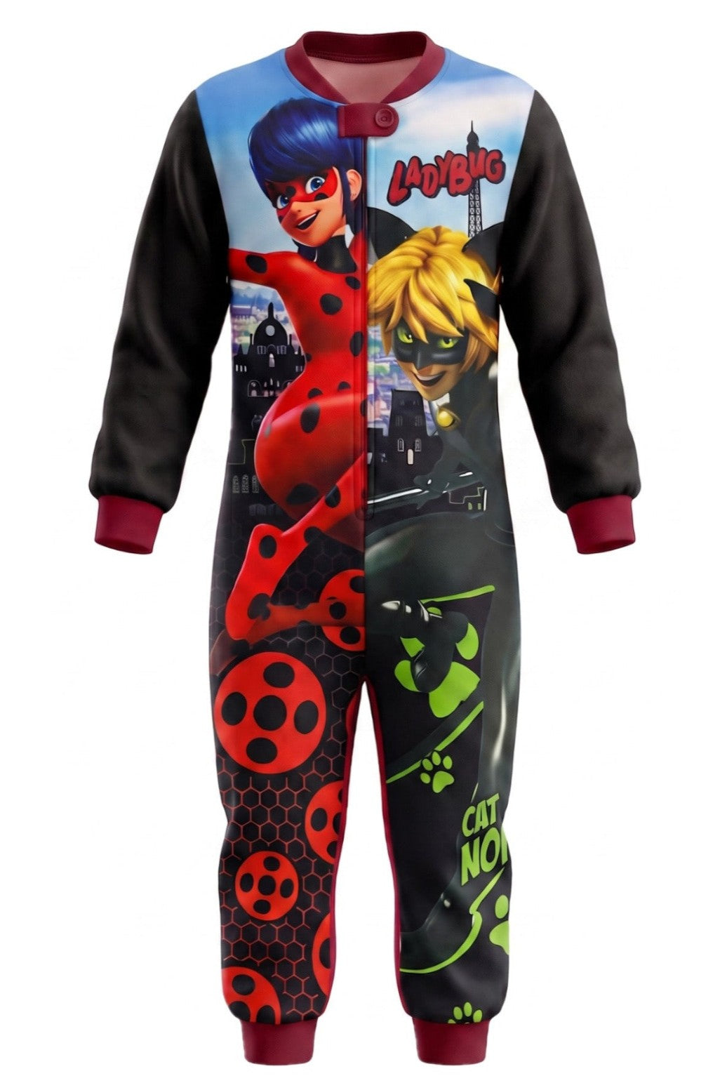 Combinaison Pyjama Fille Ladybug & Chat Noir – Noir & Bordeaux – Polaire – Motif Héros Imprimé – 4 à 10 ans – Neuf
