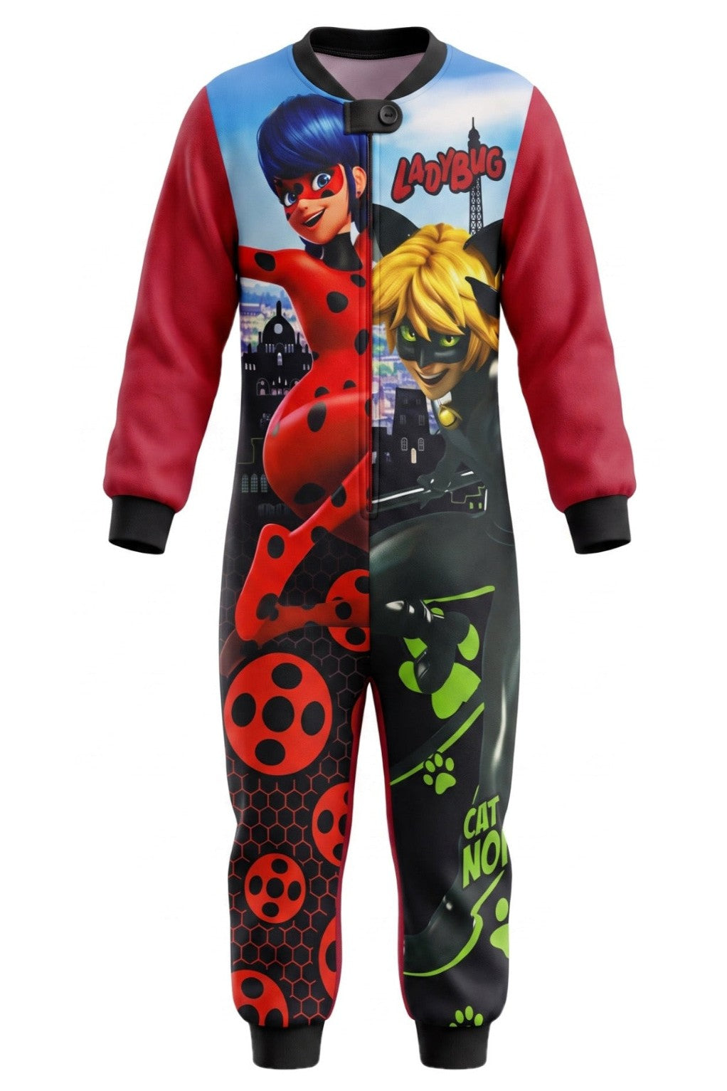 Combinaison Pyjama Fille Ladybug & Chat Noir – Rouge & Noir – Polaire – Motif Héros Imprimé – 4 à 10 ans – Neuf