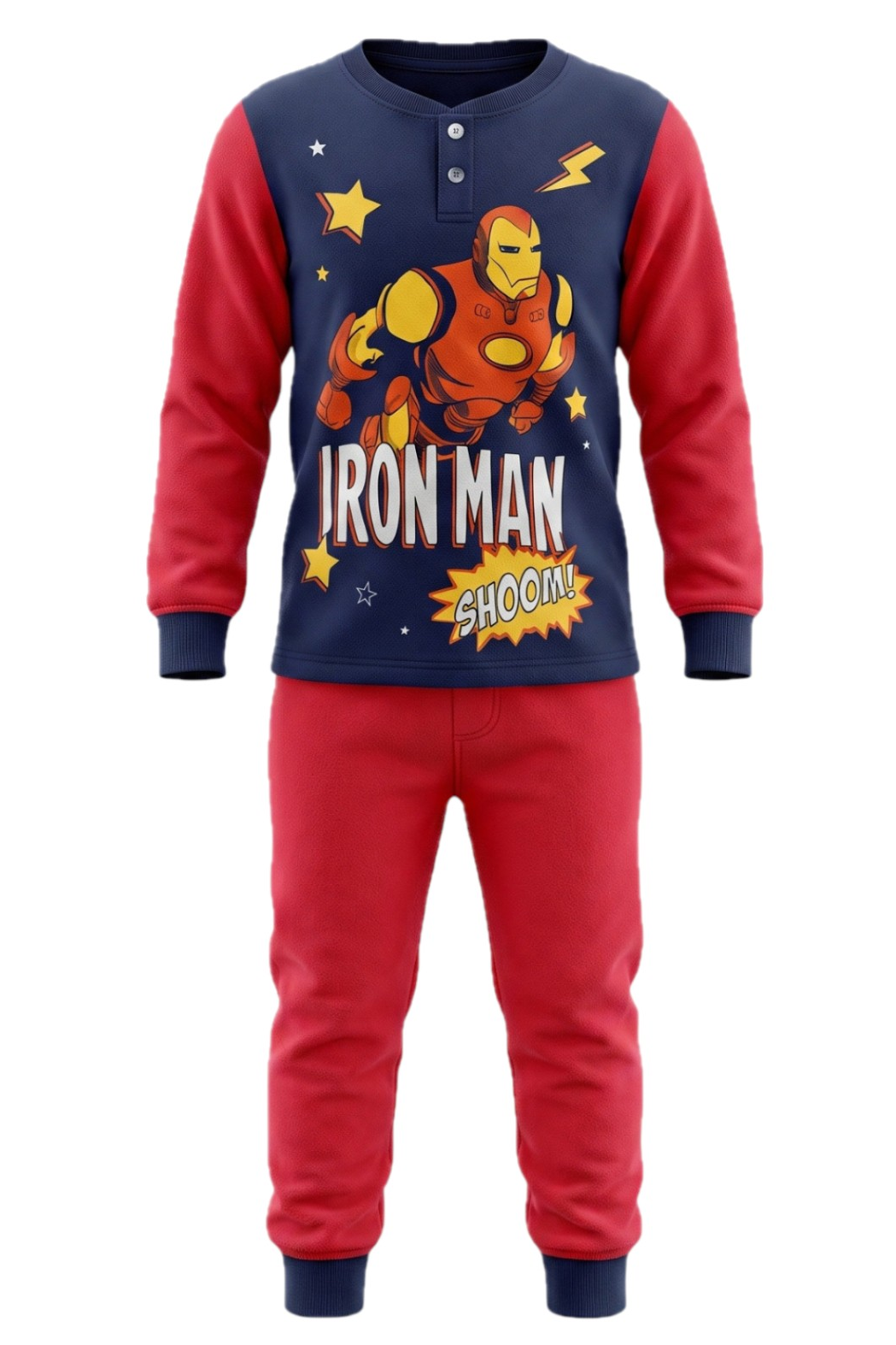 Pyjama Polaire 2 Pièces Garçon – Haut Bicolore Bleu Marine & Rouge Imprimé Iron Man Style BD + Pantalon Rouge – Marvel – 8 à 10 ans – Neuf
