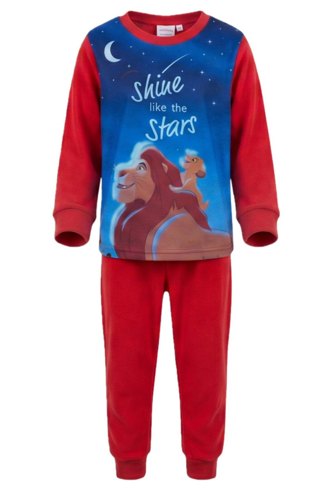 Pyjama Polaire 2 Pièces Garçon – Haut Bicolore Bleu Nuit Imprimé Mufasa & Simba “Shine like the Stars” + Pantalon Rouge – Le Roi Lion Disney – 2 à 8 ans – Neuf