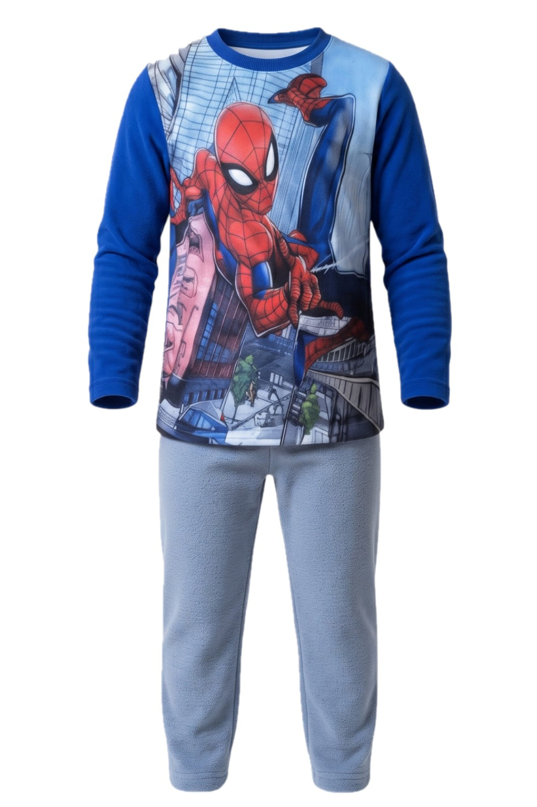 Pyjama Polaire 2 Pièces Garçon – Haut Bleu Roi Imprimé Spider-Man en Action + Pantalon Gris Clair – Marvel – 3 à 8 ans – Neuf