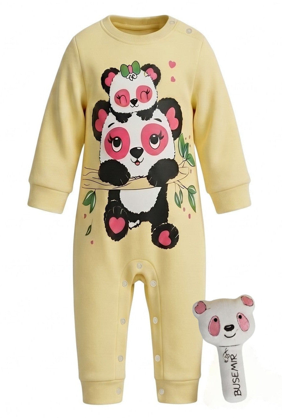 Grenouillère Bébé Fille Jaune Motif Panda + Peluche – 100% Coton – 3 à 9 mois – Neuf