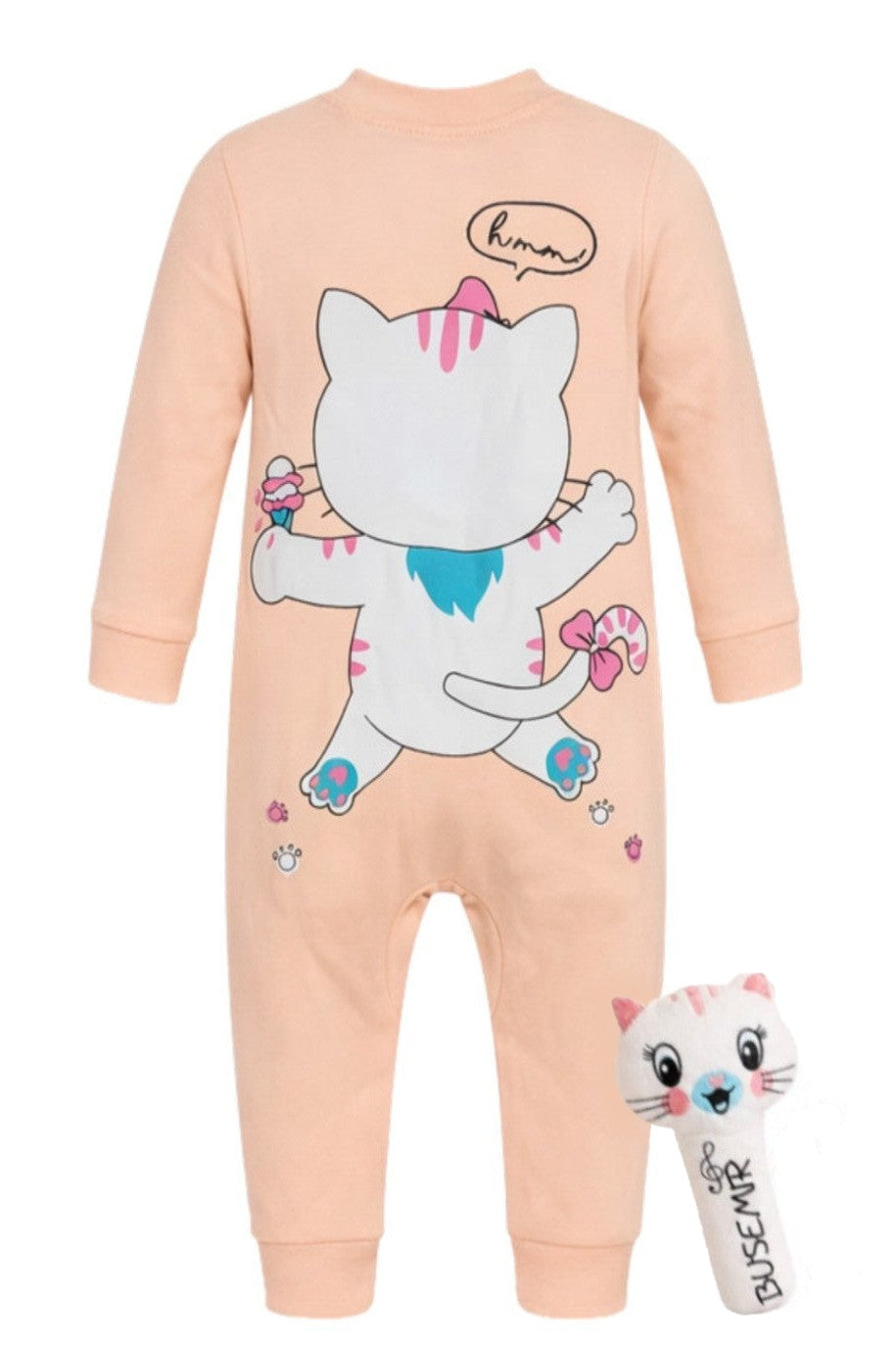 Grenouillère Bébé Fille Rose Saumon Motif Chat + Peluche – 100% Coton – 3 à 9 mois – Neuf