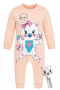 Grenouillère Bébé Fille Rose Saumon Motif Chat + Peluche – 100% Coton – 3 à 9 mois – Neuf