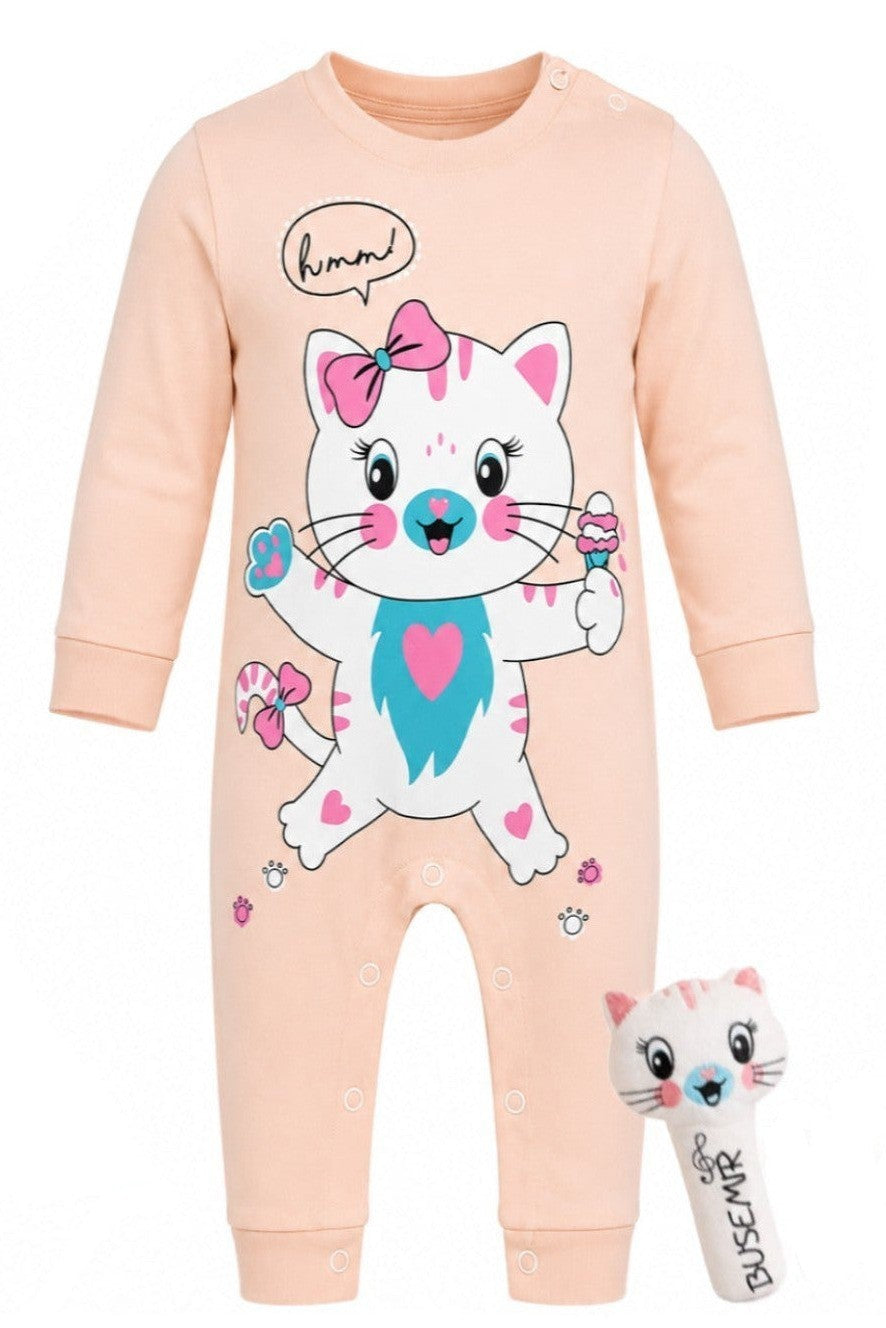 Grenouillère Bébé Fille Rose Saumon Motif Chat + Peluche – 100% Coton – 3 à 9 mois – Neuf