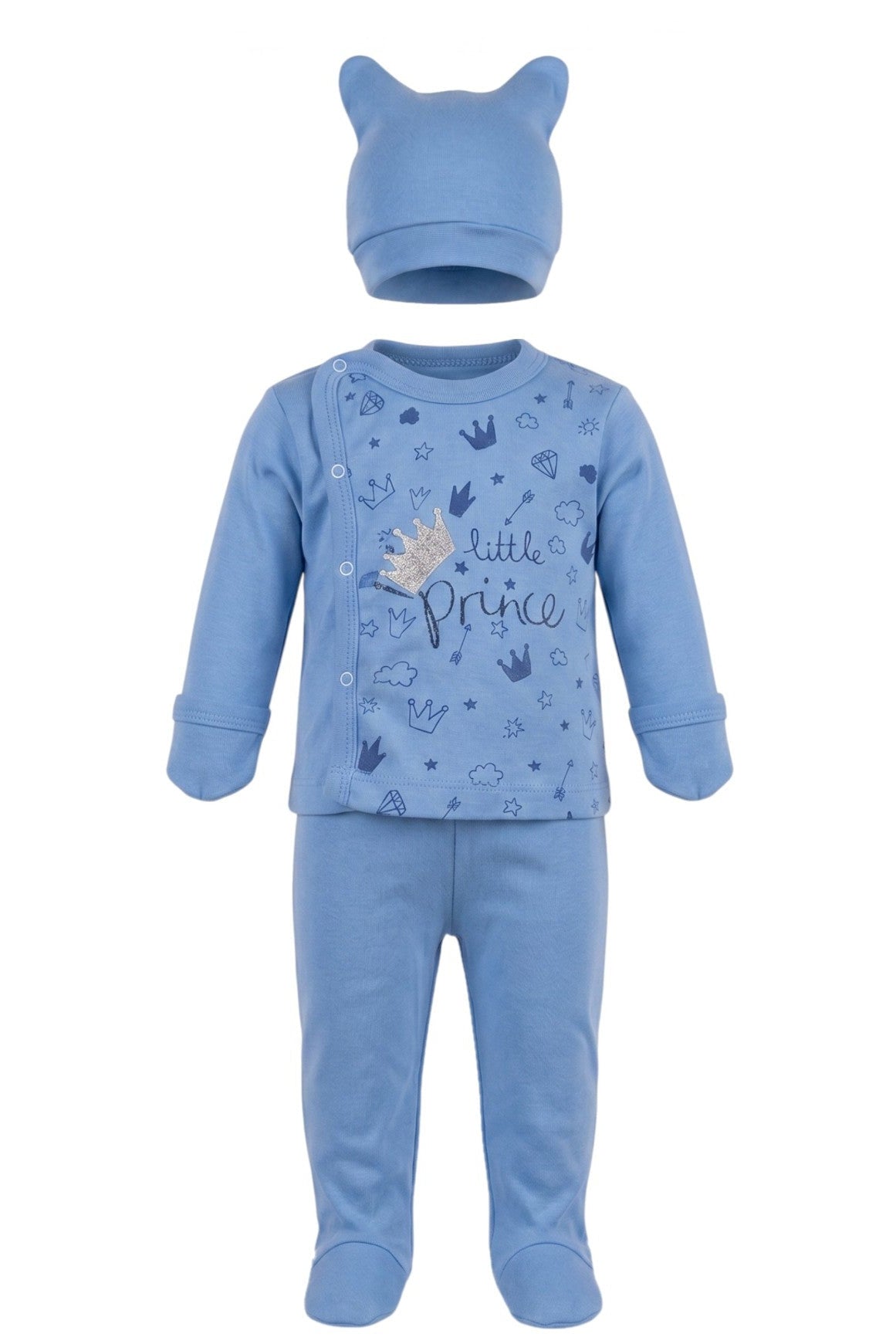 Ensemble Bébé Garçon Little Prince – 3 Pièces Haut Manchettes & Pantalon Pieds & Bonnet – Naissance à 3 mois – Neuf