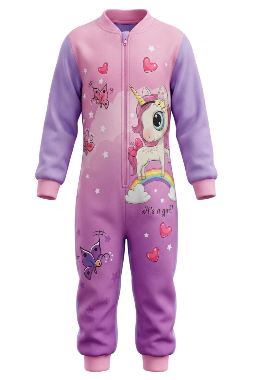 Combinaison Pyjama Fille Licorne – Manches Violettes & Dégradé Violet/Rose – Polaire – Motif Arc-en-ciel & Papillons – 3 à 8 ans – Neuf