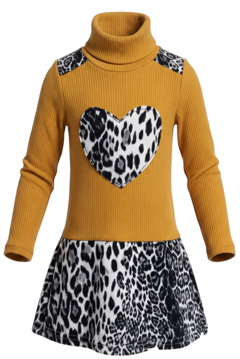 Robe Fille Jaune Moutarde Motif Cœur Léopard – Manches Longues – 2 à 14 ans – Neuf
