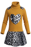 Robe Fille Jaune Moutarde Motif Cœur Léopard – Manches Longues – 2 à 14 ans – Neuf