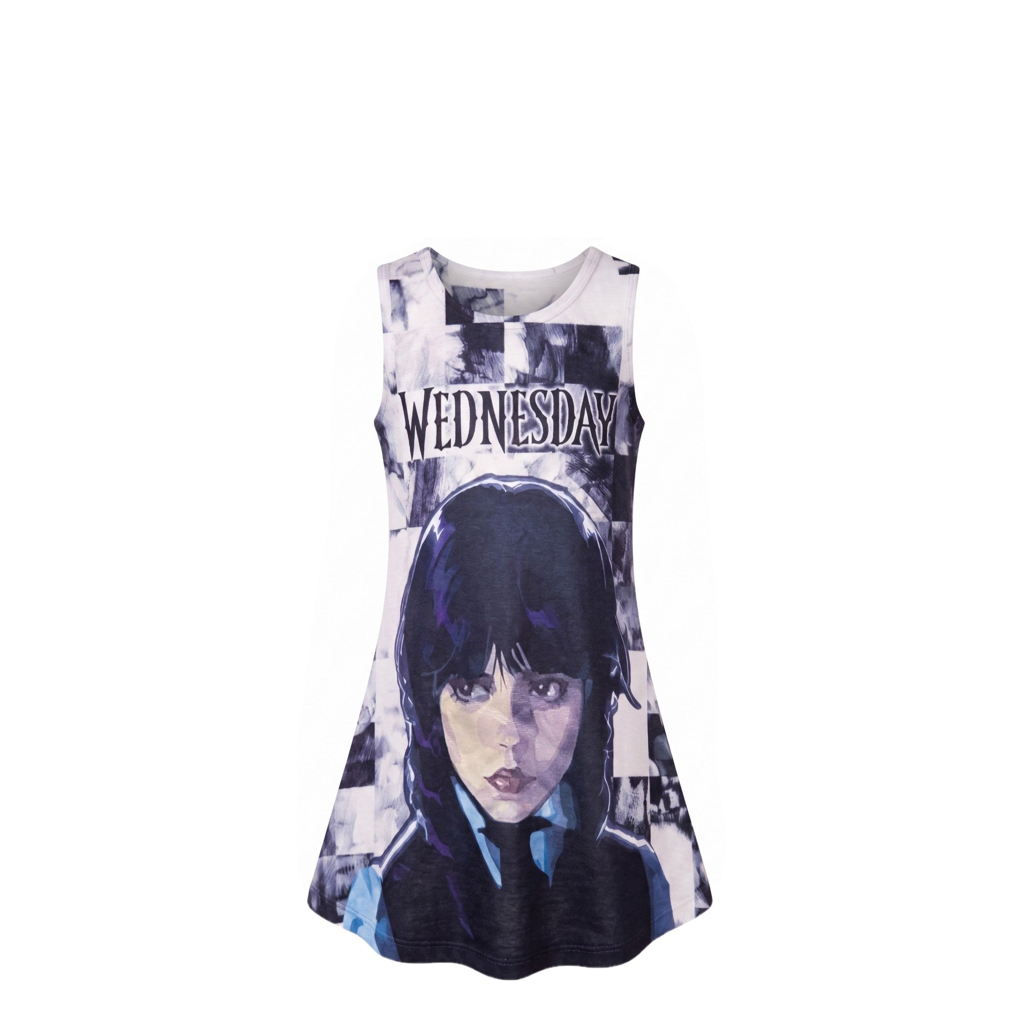 Tunique Fille Mercredi Addams Noir & Blanc – Style Gothique – Impression Sublimée Full Print – Sans Manches – 6 à 16 ans – Neuf