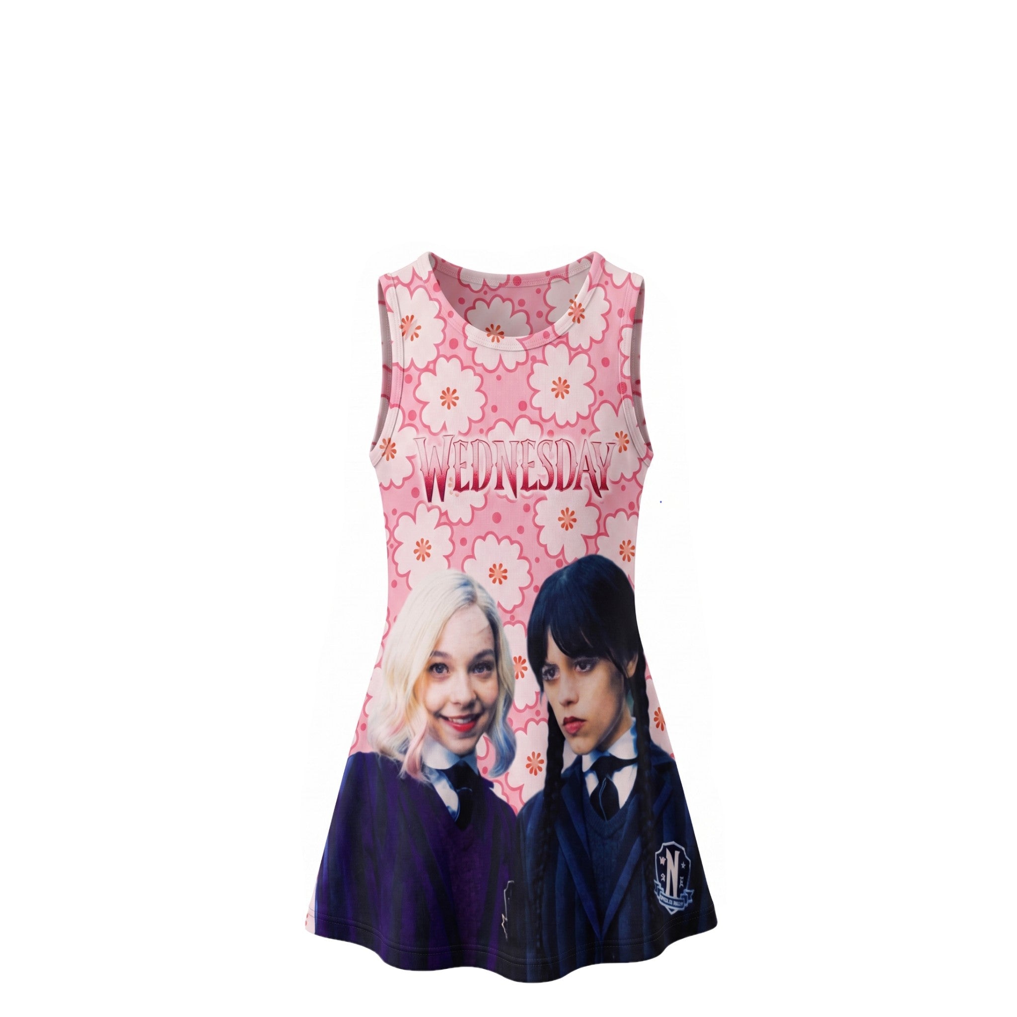 Tunique Fille Rose Fleuri Wednesday & Enid – Impression Sublimée Full Print – Sans Manches – 6 à 16 ans – Neuf