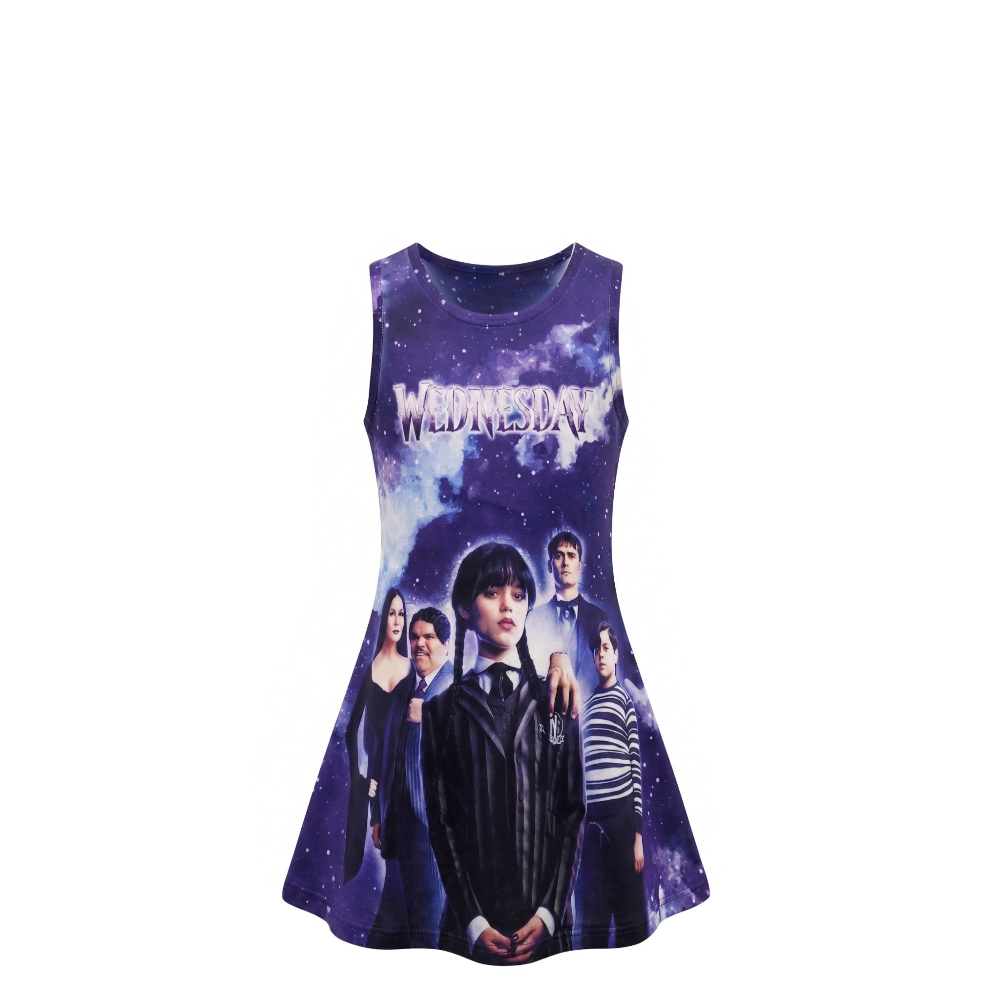 Tunique Fille Mercredi Addams Style Galaxie Violet Nuit – Impression Sublimée Full Print – Sans Manches – 6 à 16 ans – Neuf