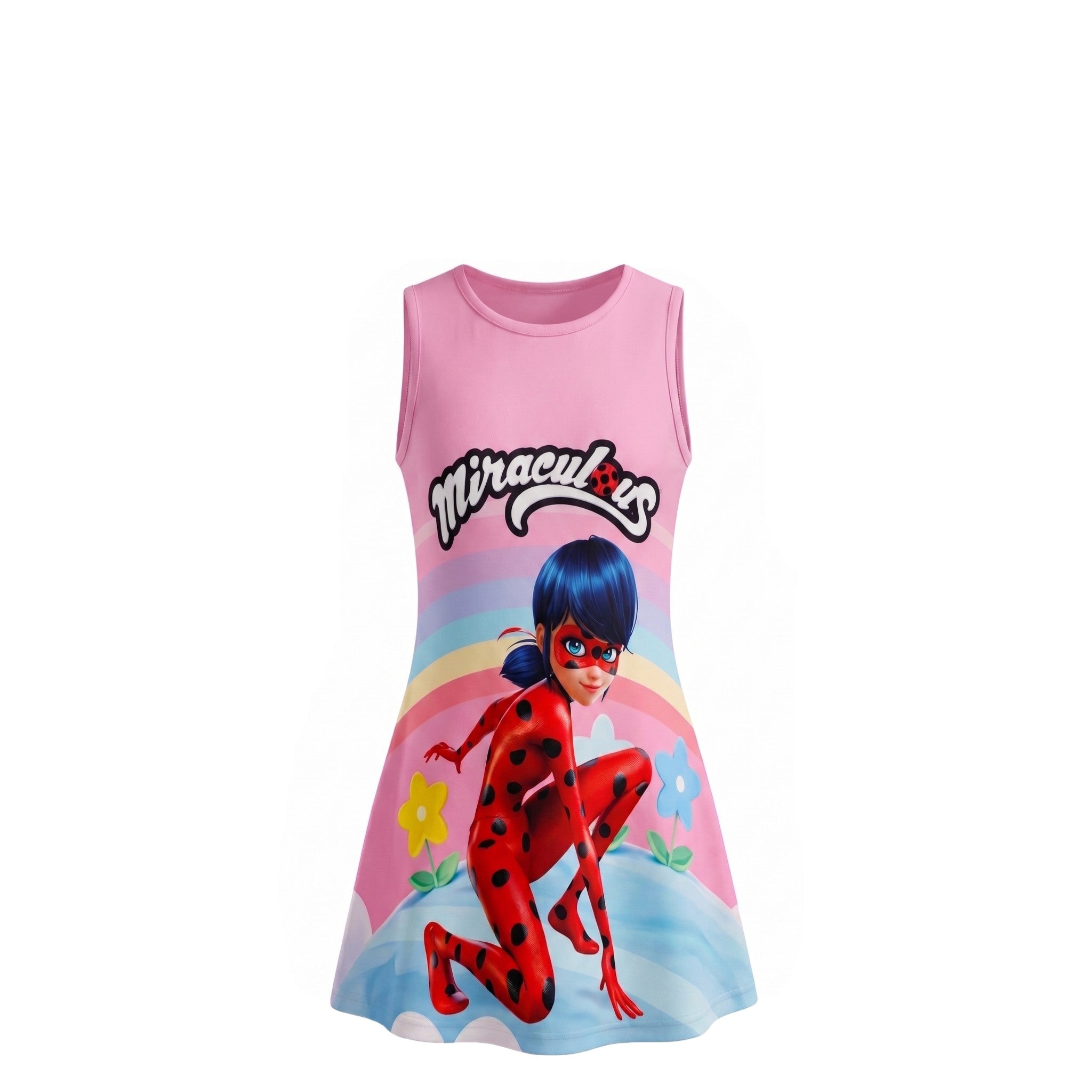 Tunique Fille Ladybug Miraculous Rose & Arc-en-Ciel – Impression Sublimée Full Print – Sans Manches – 4 à 10 ans – Neuf