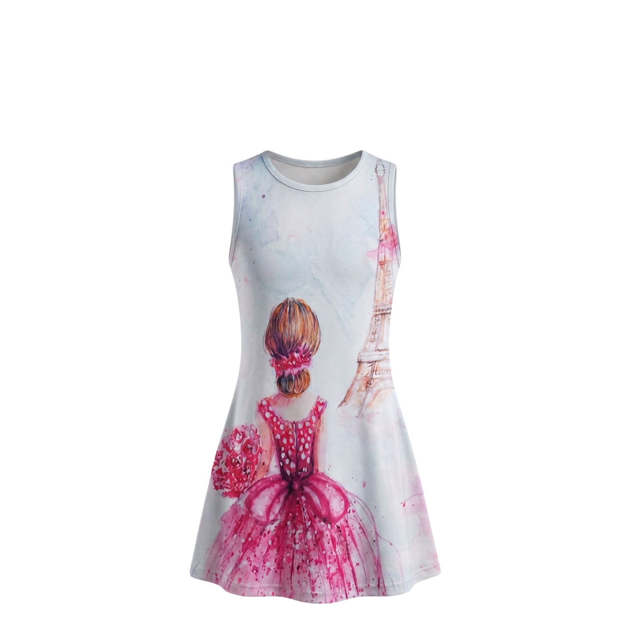 Robe Fille Sans Manches – Illustration Princesse & Tour Eiffel – Impression Sublimée Full Print – 4 à 14 ans – Neuf