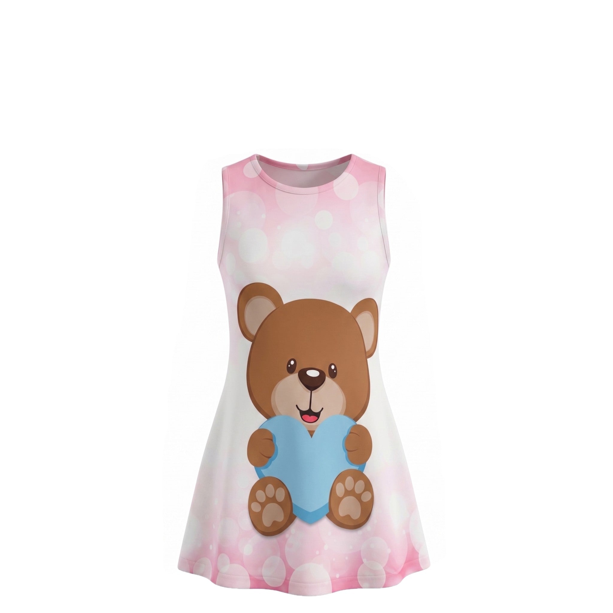 Robe Fille Motif Nounours Cœur Bleu sur Fond Rose – Impression Sublimée Full Print – 4 à 14 ans – Neuf