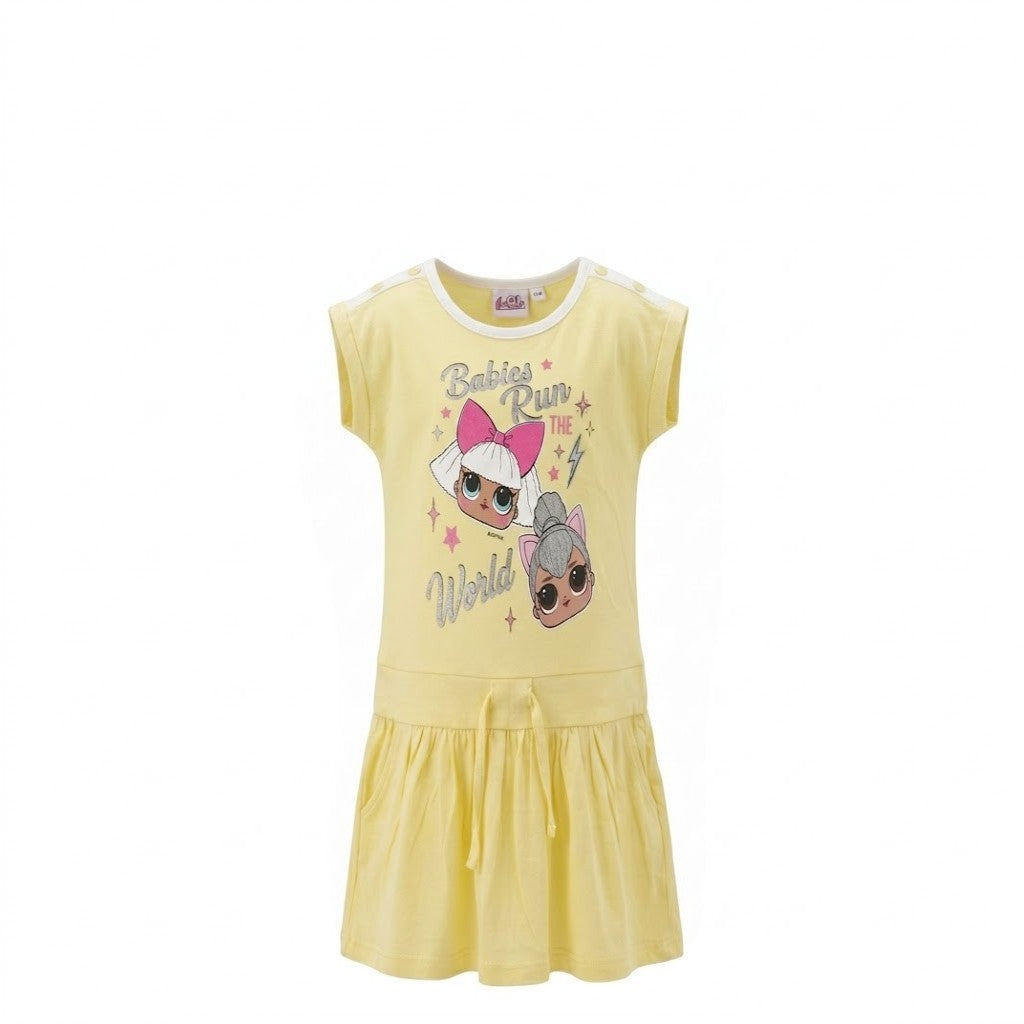 Robe Fille LOL Surprise Jaune Pastel Sans Manches – Motif « Babies Run The World » – 2 à 8 ans – Neuf