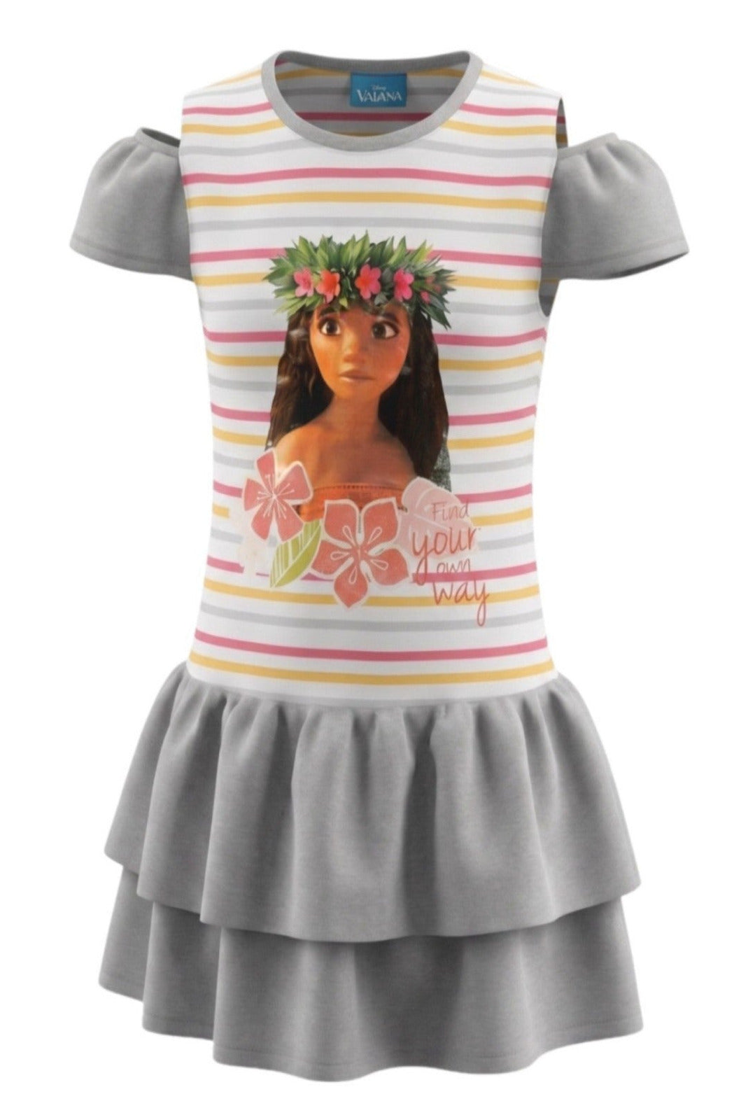 Robe Fille Vaiana Moana Grise – Épaules Nues – Style Tropical – 2 à 8 ans – Neuf