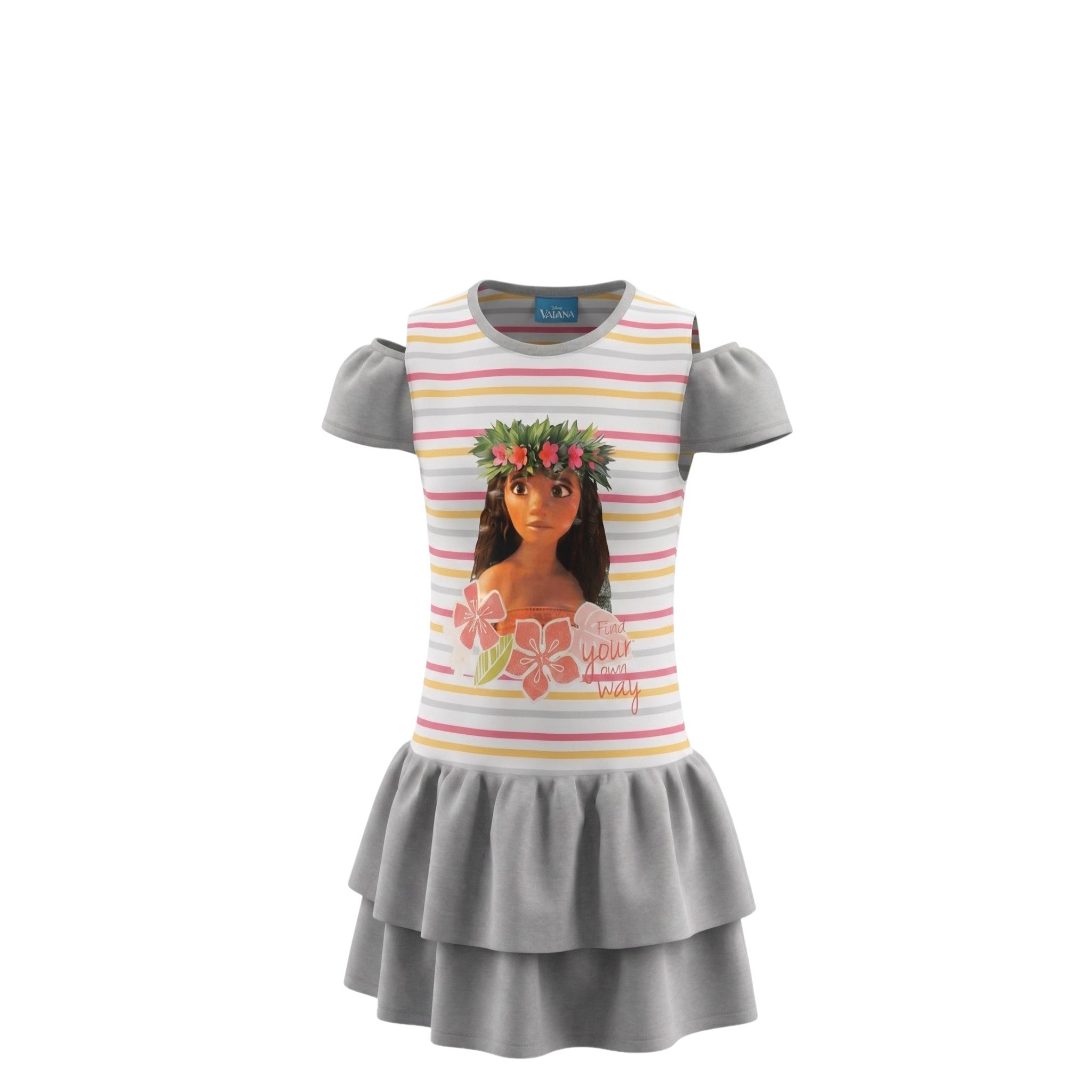 Robe Fille Vaiana Moana Grise – Épaules Nues – Style Tropical – 2 à 8 ans – Neuf