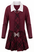 Robe Fille Chic à Manches Longues avec Cravate – Bordeaux – 2 à 12 ans – Neuf