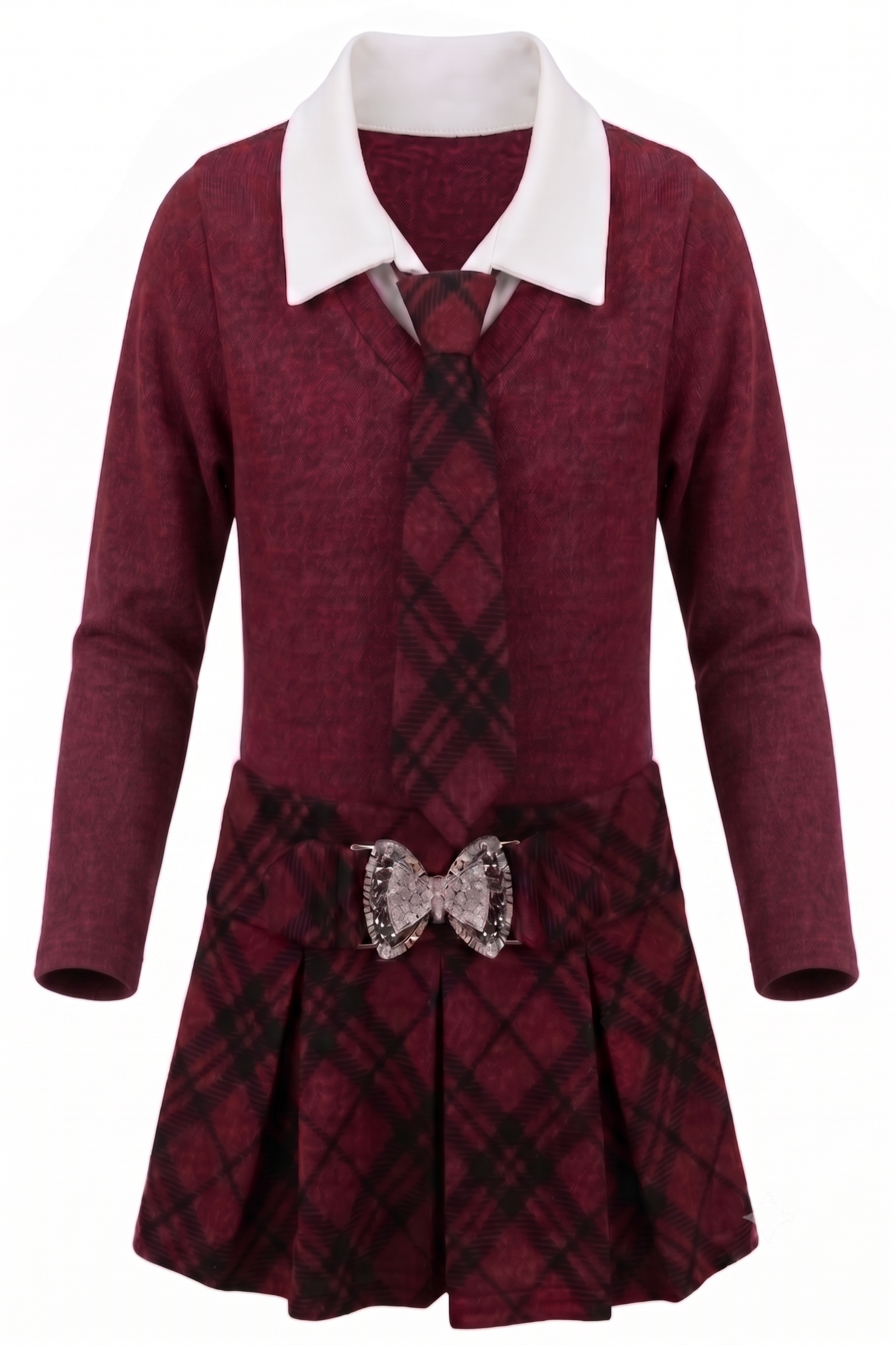 Robe Fille Chic à Manches Longues avec Cravate – Bordeaux – 2 à 12 ans – Neuf