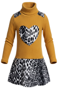 Robe Fille Jaune Moutarde Motif Coeur Leopard Manches Longues 2 a 14 ans Neuf