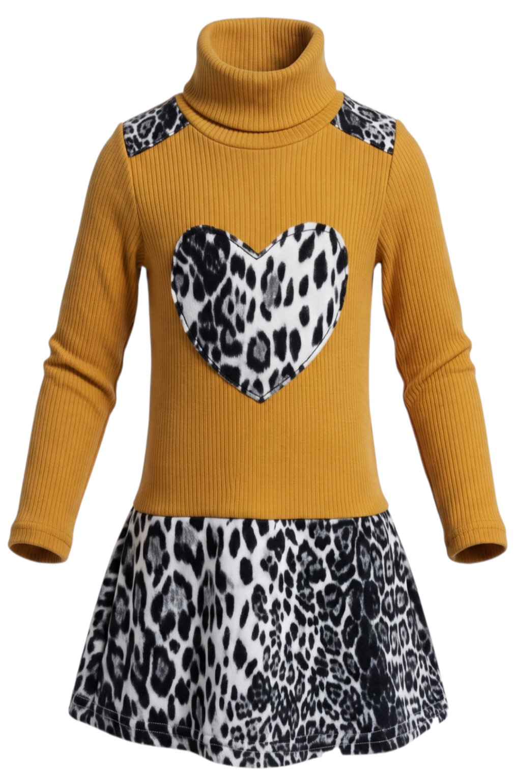 Robe Fille Jaune Moutarde Motif Coeur Leopard Manches Longues 2 a 14 ans Neuf