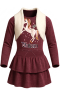 Robe Fille Bordeaux Licorne avec Gilet Fausse Fourrure – Manches Longues – 2 à 12 ans – Neuf