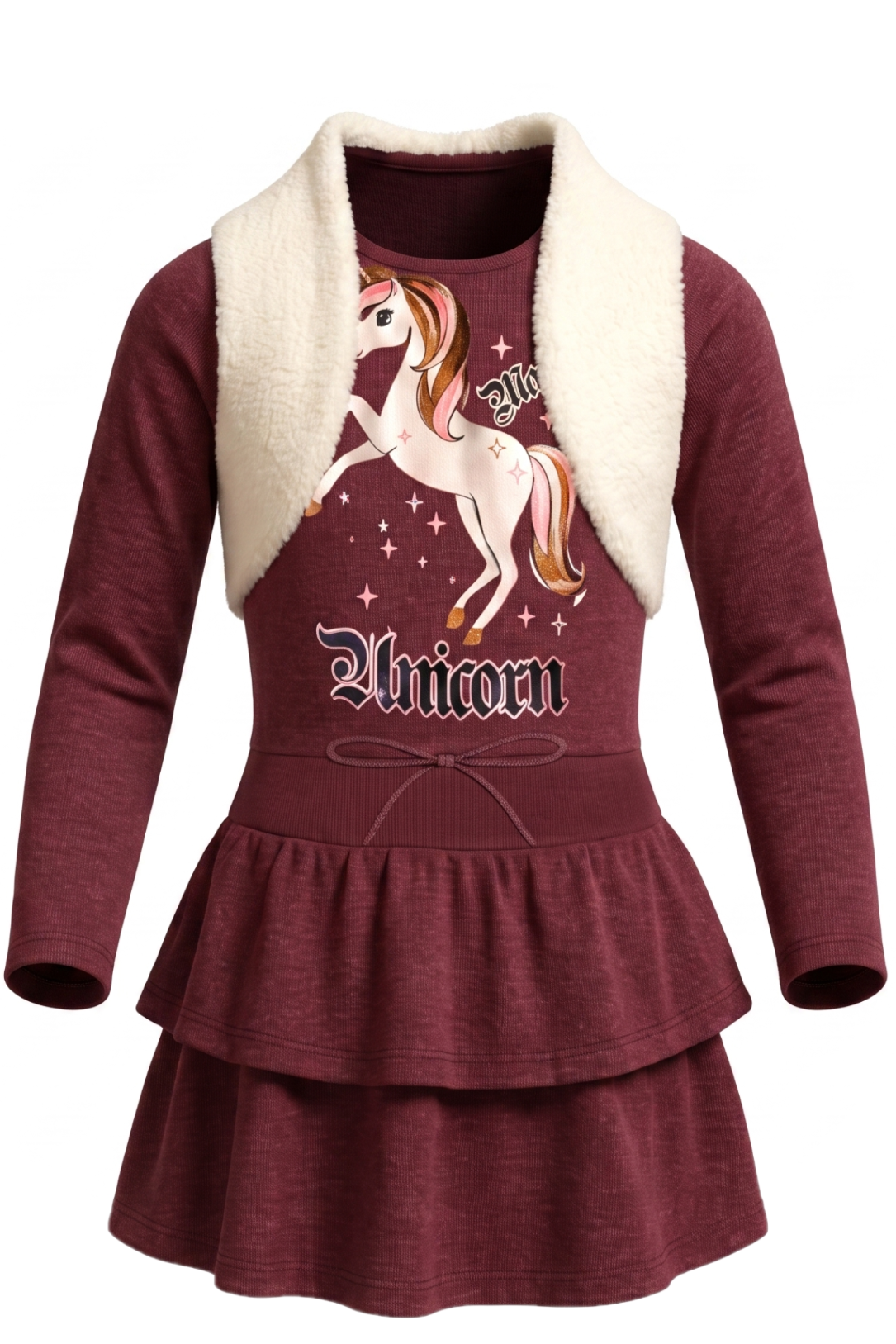 Robe Fille Bordeaux Licorne avec Gilet Fausse Fourrure – Manches Longues – 2 à 12 ans – Neuf