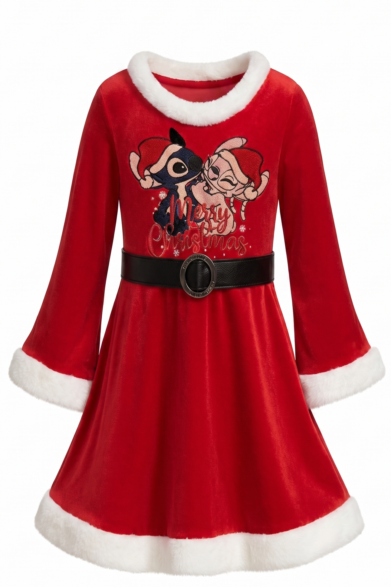 Robe de Noël Fille Stitch & Angel Velours Rouge – Manches Évasées – 2 à 14 ans – Neuf