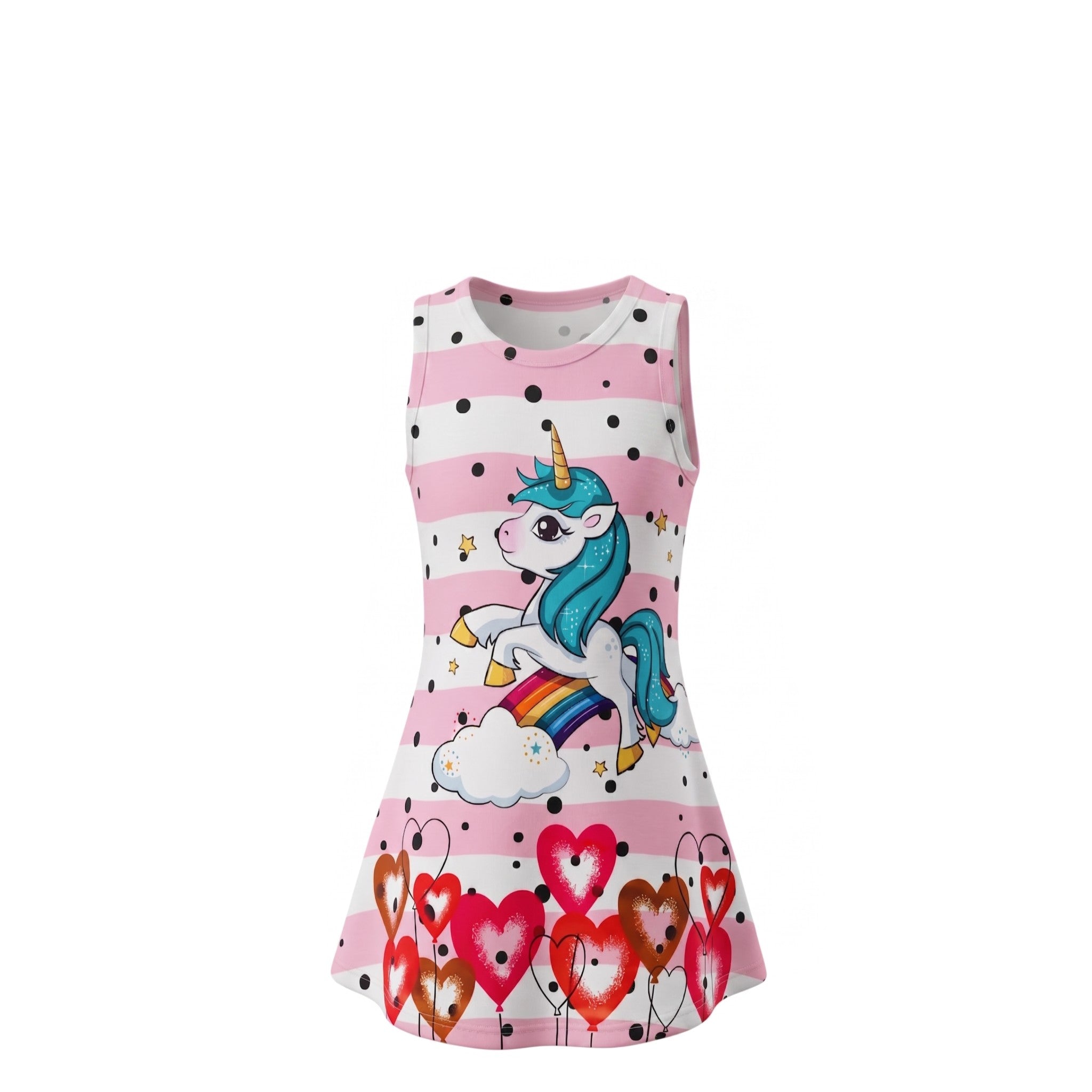 Tunique Fille Rose Licorne Arc-en-Ciel & Cœurs Imprimés – Sans Manches – 2 à 10 ans – Neuf