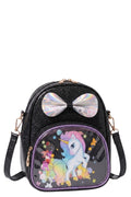 Sac à Main Fille – Licorne Noir Pailleté – Nœud Irisé 3D – Poche Transparente Licorne – 19 x 23 cm – Neuf