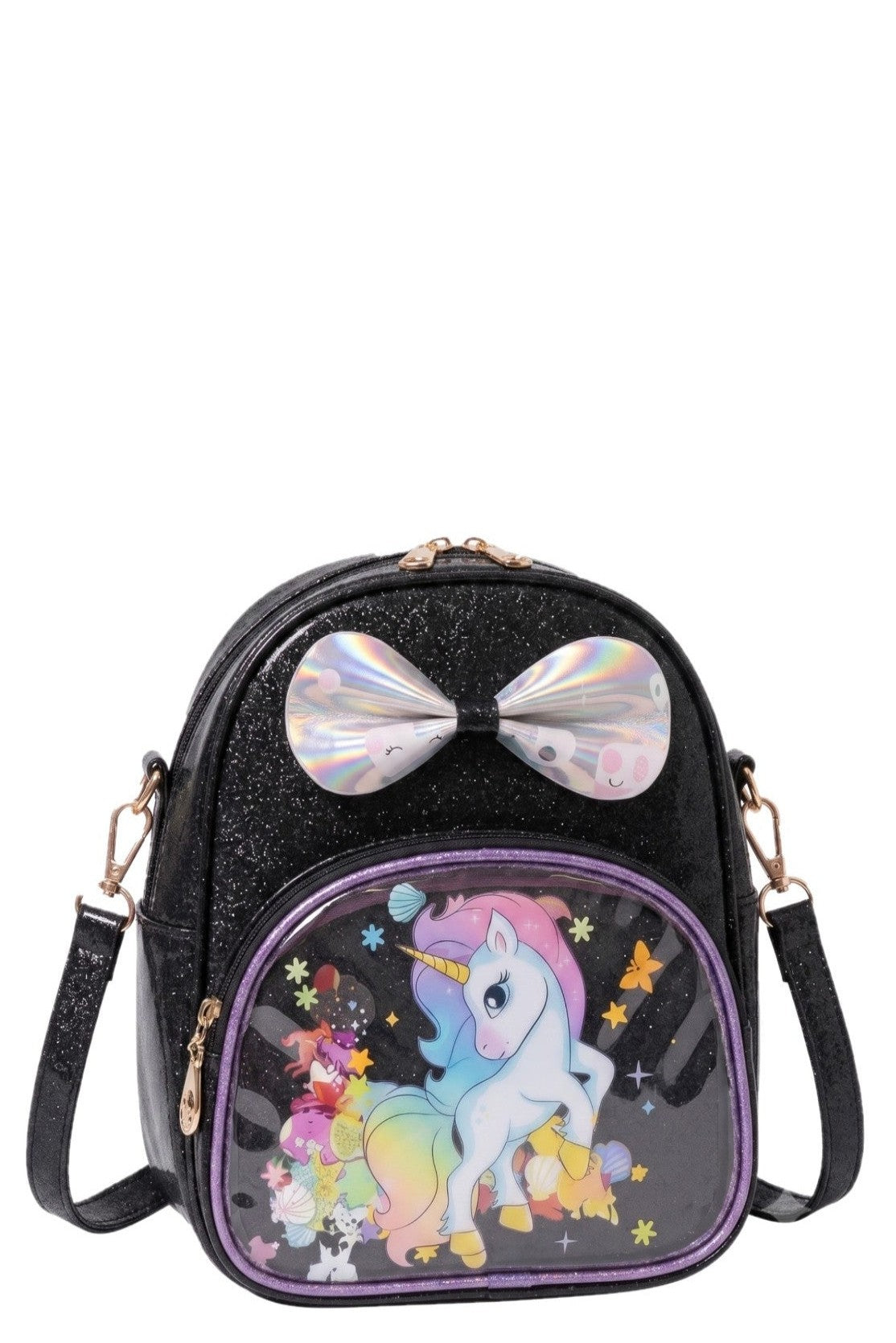 Sac à Main Fille – Licorne Noir Pailleté – Nœud Irisé 3D – Poche Transparente Licorne – 19 x 23 cm – Neuf
