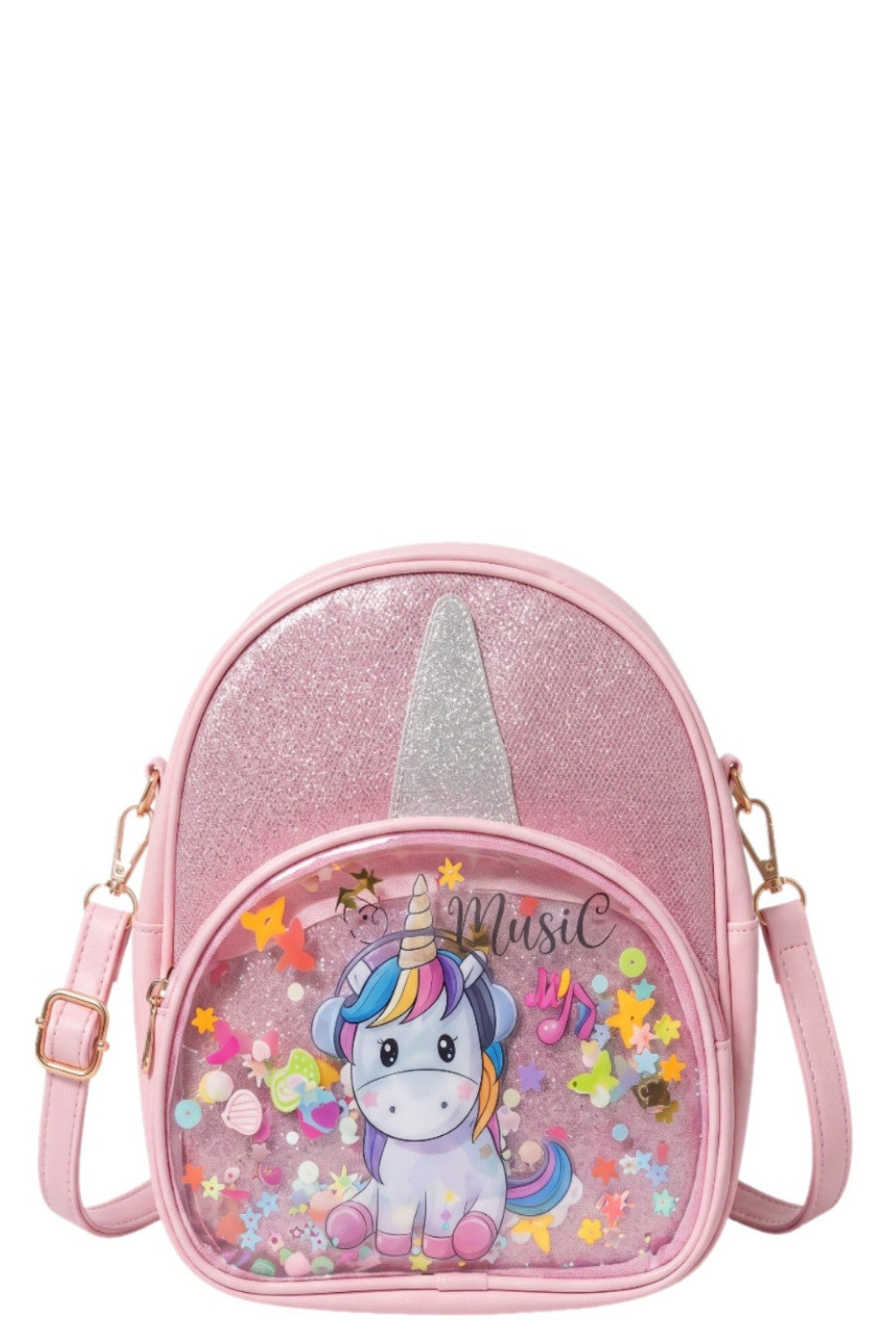 Sac à Main Fille – Licorne Rose Pailletée – Corne Argentée 3D – Poche Transparente Confettis – 19 x 23 cm – Neuf