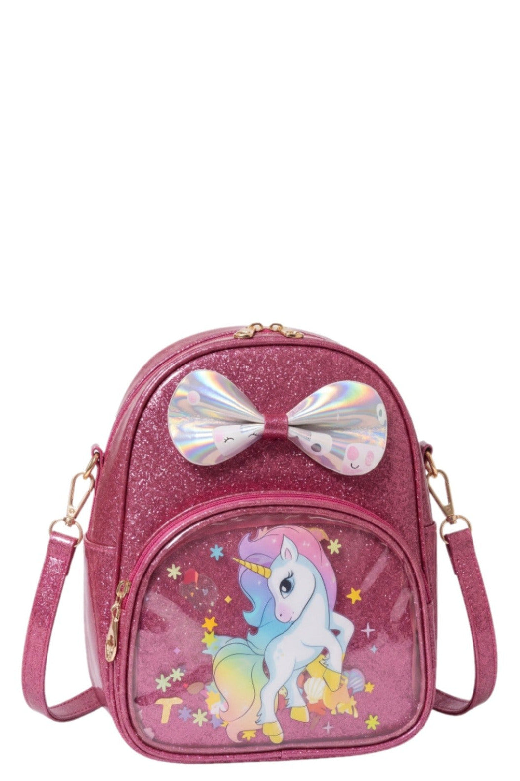 Sac à Main Fille – Licorne Rose Fuchsia Pailletée – Nœud Irisé 3D – Poche Transparente – 19 x 23 cm – Neuf