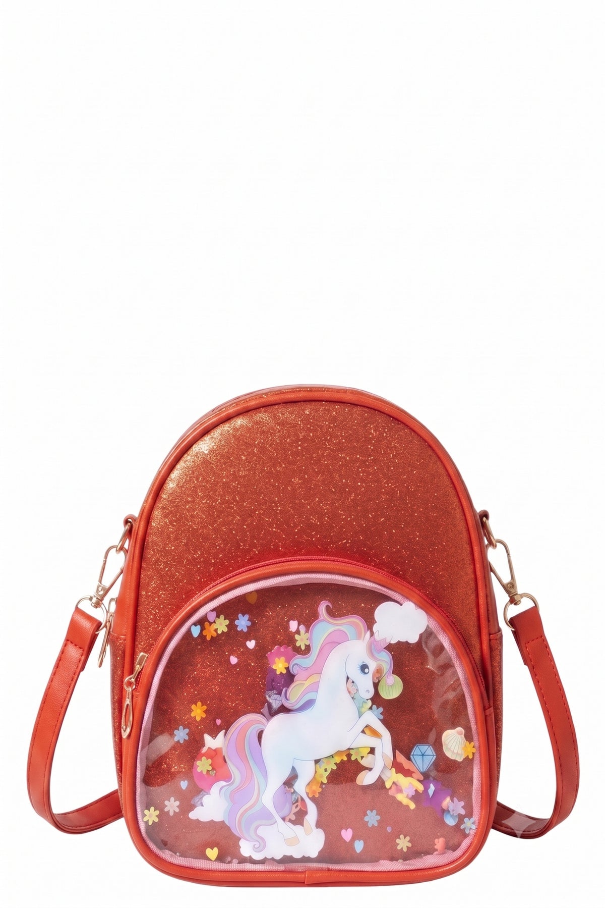 Sac à Main Fille – Licorne Rouge Pailletée – Poche Transparente Confettis – 19 x 23 cm – Neuf