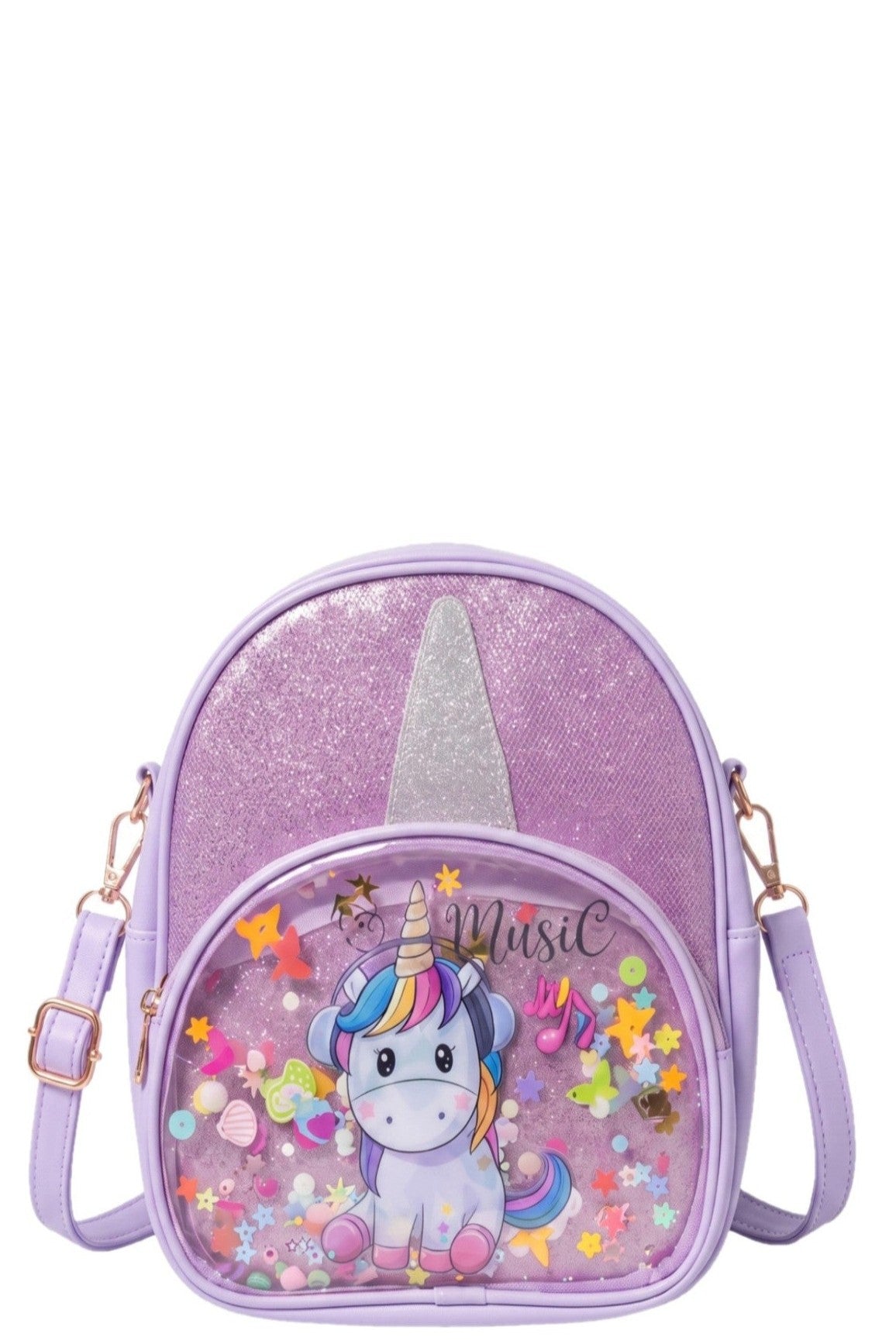 Sac à Main Fille – Licorne Violette Pailletée – Corne 3D – Poche Transparente Confettis – 19 x 23 cm – Neuf