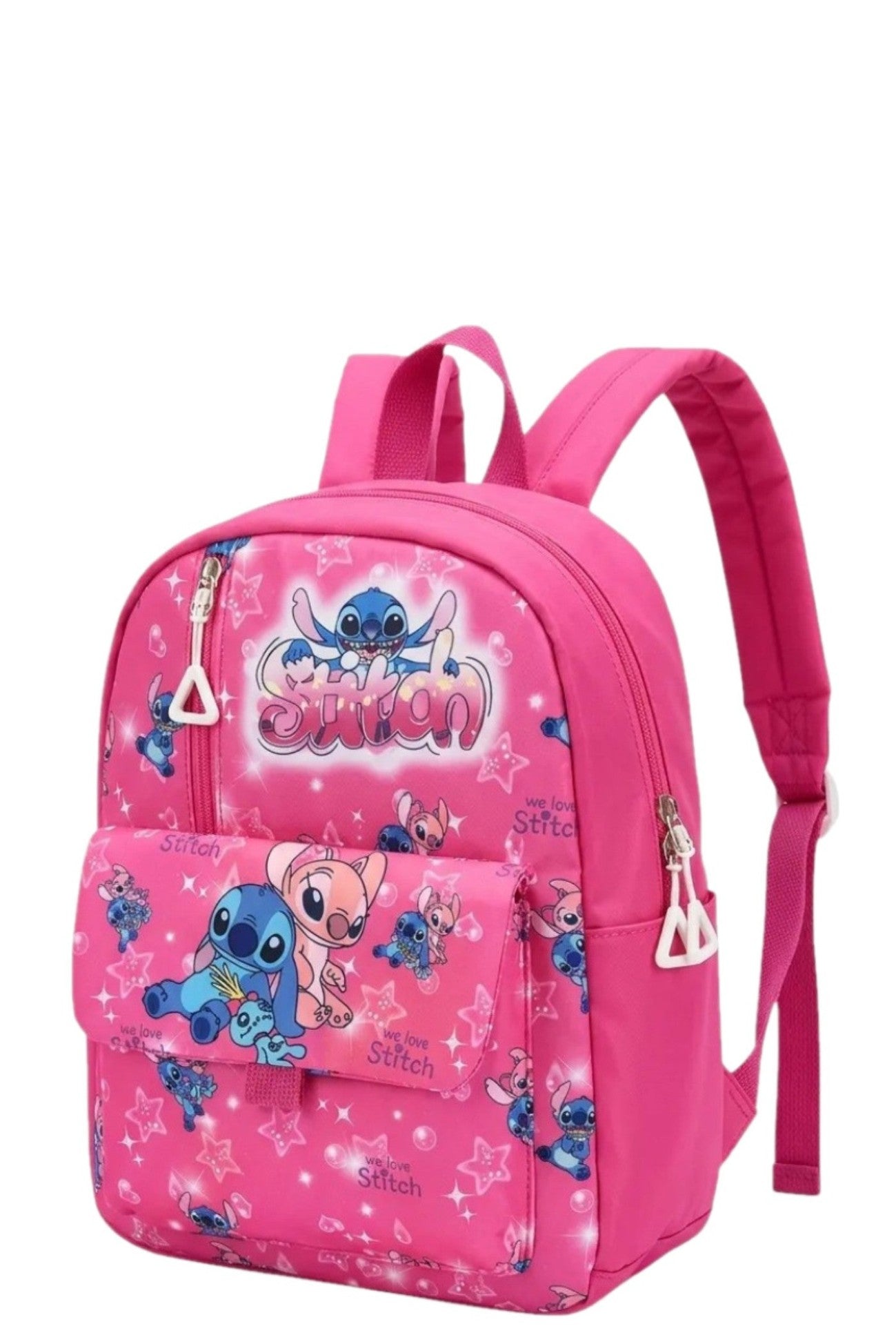 Sac à Dos Fille – Stitch & Angel – Rose Fushia – Poche Frontale – 23 x 30 x 10 cm – 100% Polyester – Neuf