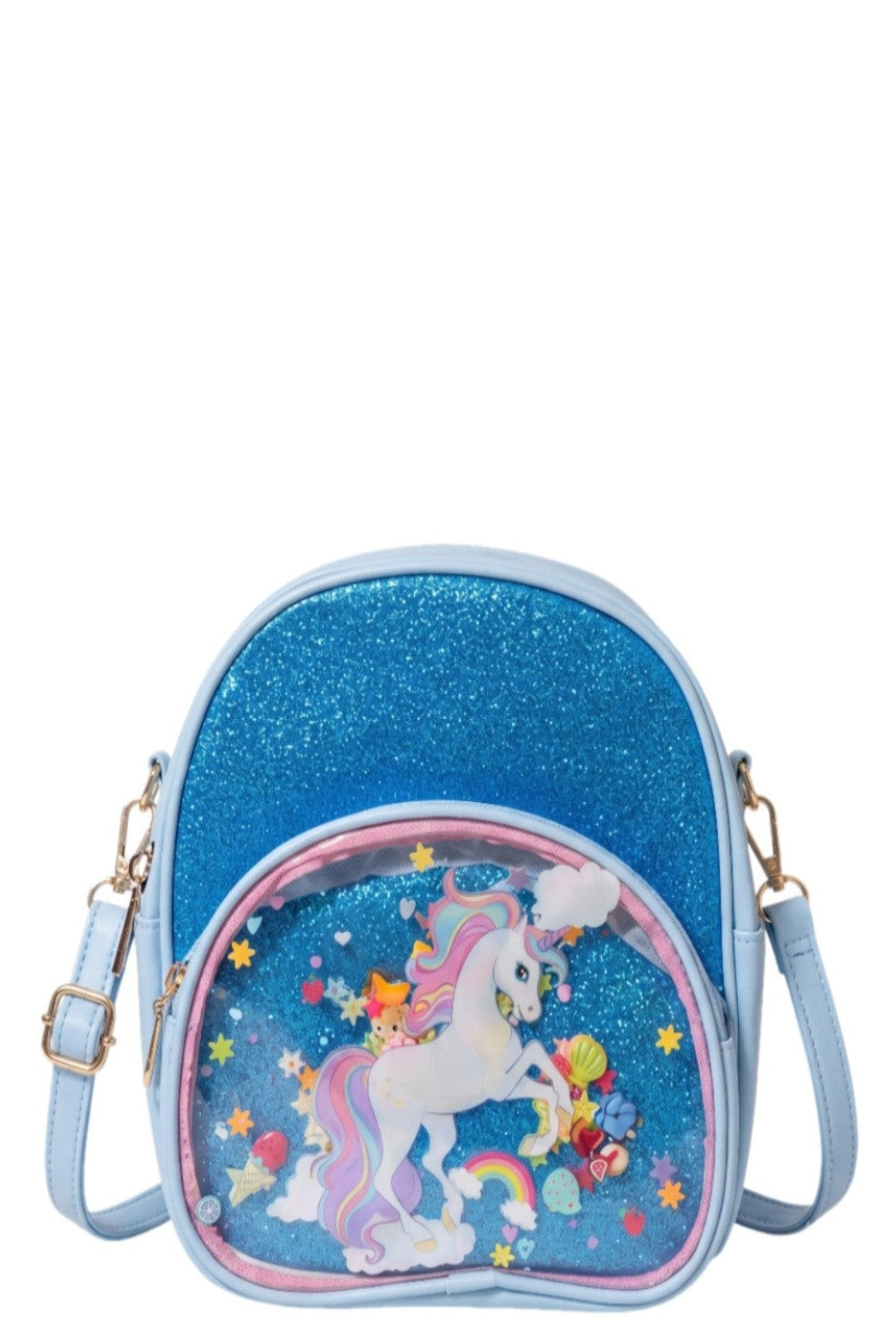 Sac à Main Fille – Licorne Bleu Pailleté – Poche Transparente Licorne Arc-en-Ciel – 19 x 23 cm – Neuf